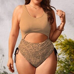 SHEIN Tan and Black Cutout One Piece Swimsuit